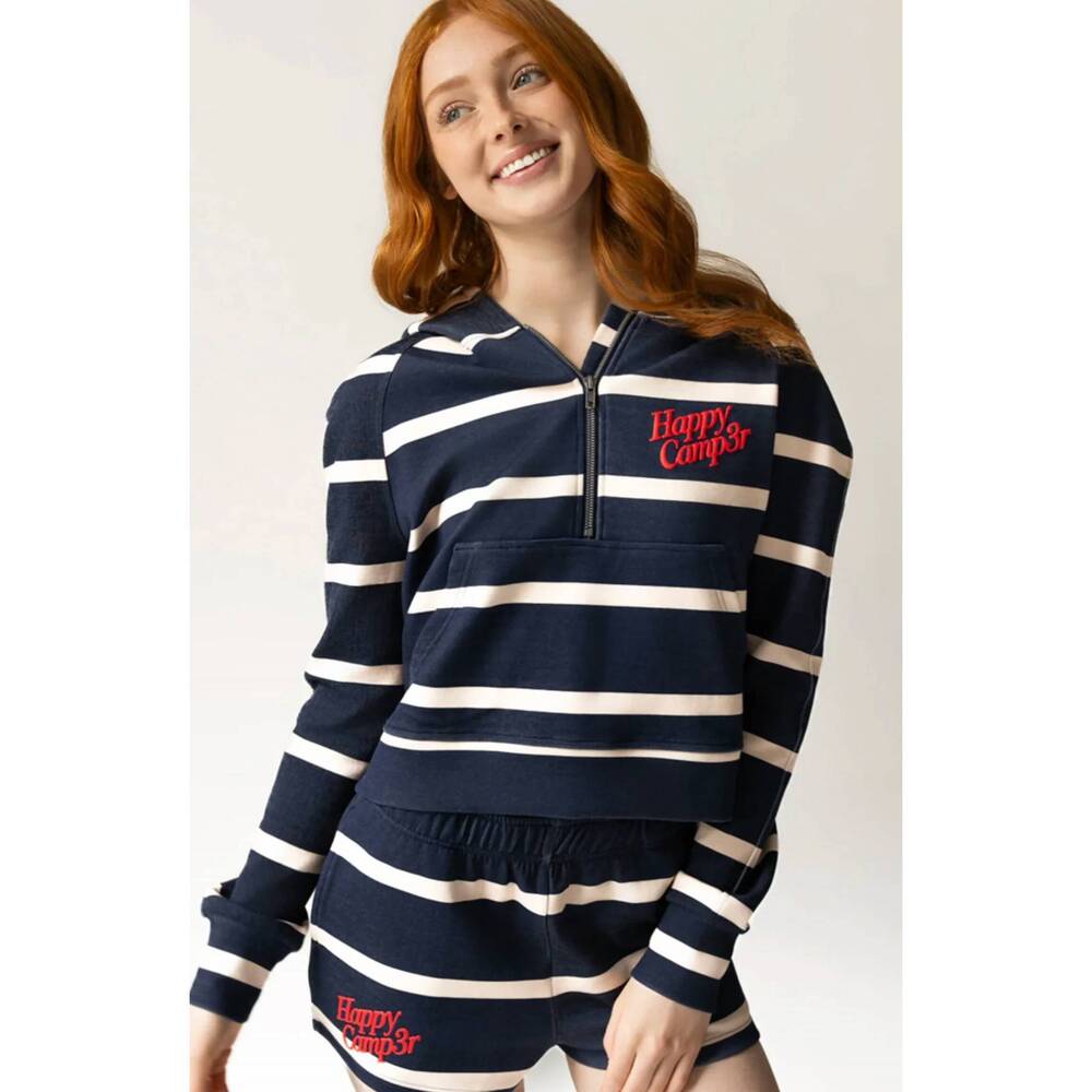 NEW THE HAPPY CAMP3R half zip scuba hoodie in navy stripe